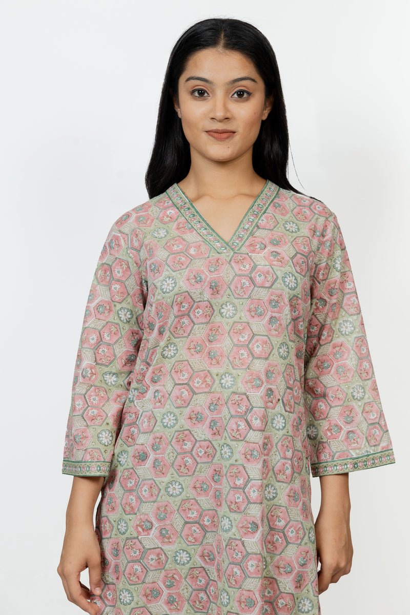 Cotton Hand Block Printed Kurta - Pink