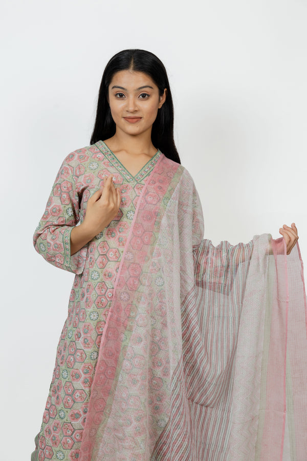 Cotton Kota Doria Hand Block Printed Dupatta - Pink