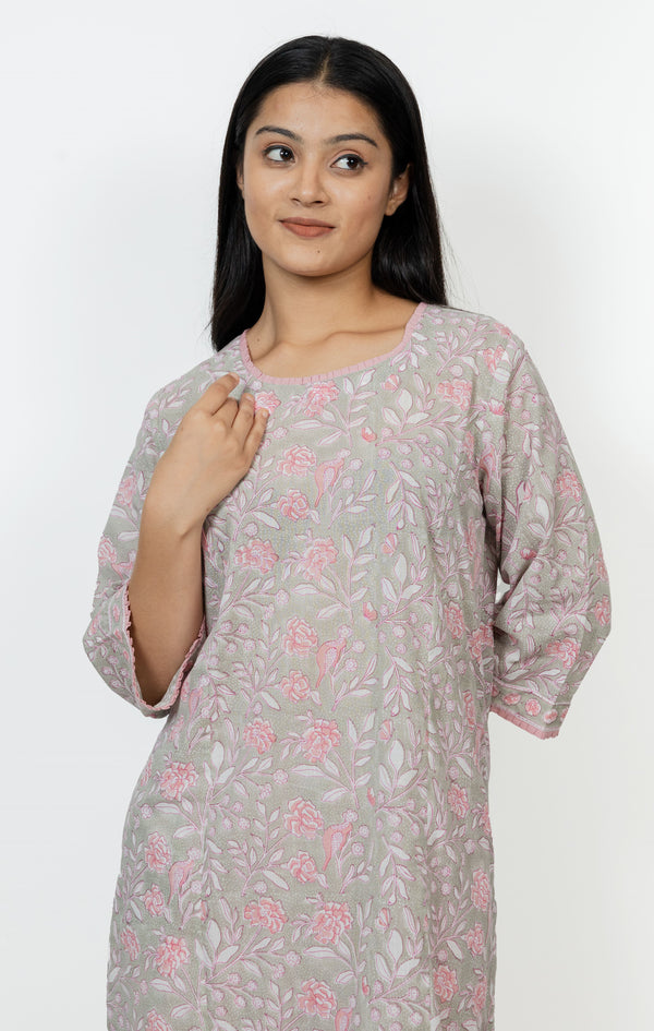 Cotton Hand Block Printed Kurta - Grey