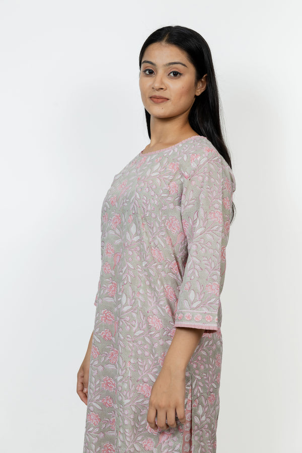 Cotton Hand Block Printed Kurta - Grey