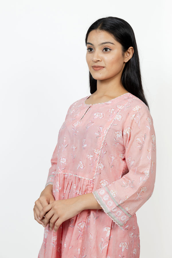 Cotton Hand Block Printed Kurta - Pink