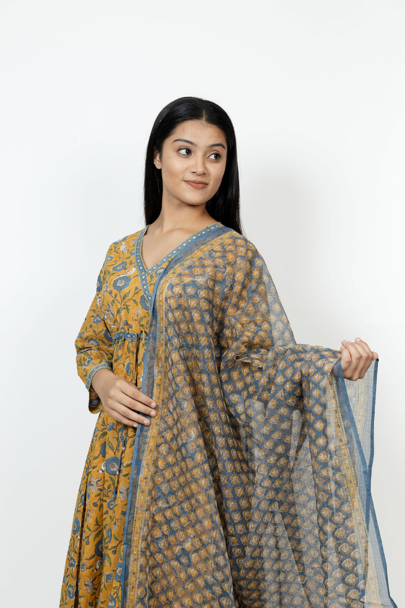 Cotton Kota Doria Hand Block Printed Dupatta - Blue