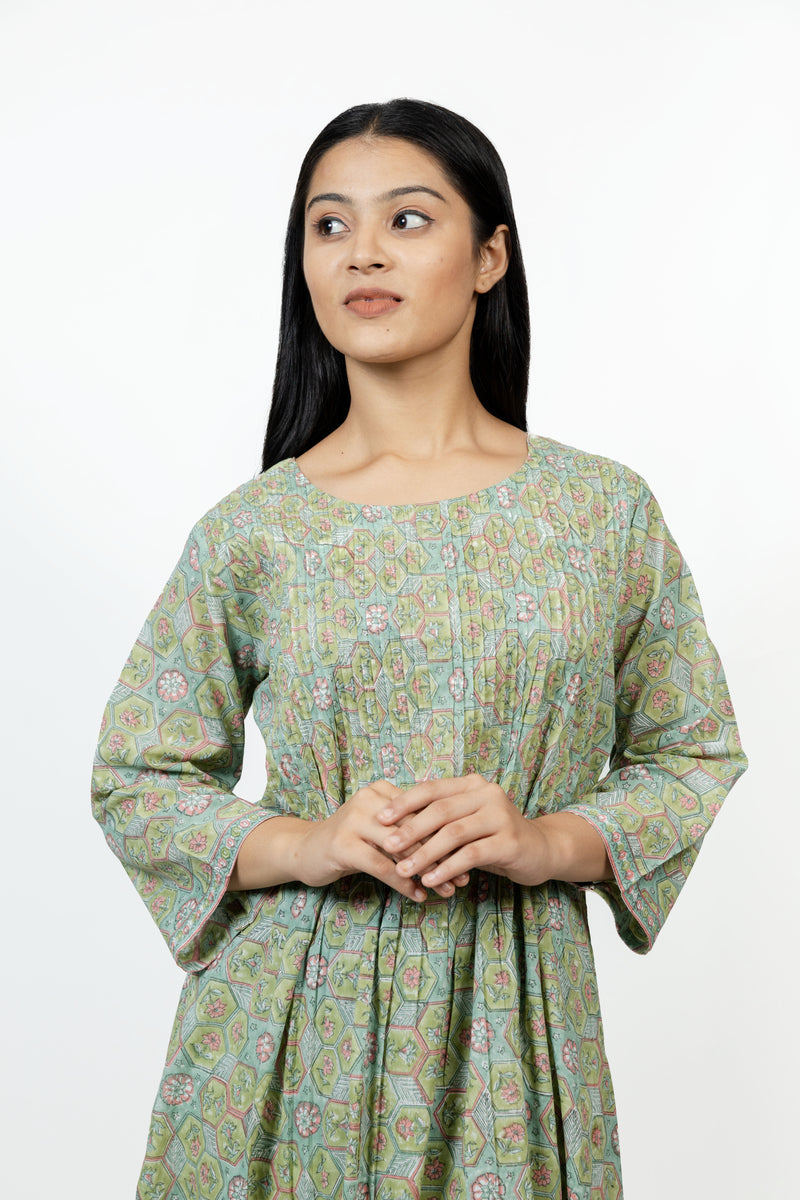 Cotton Hand Block Printed Kurta - Green