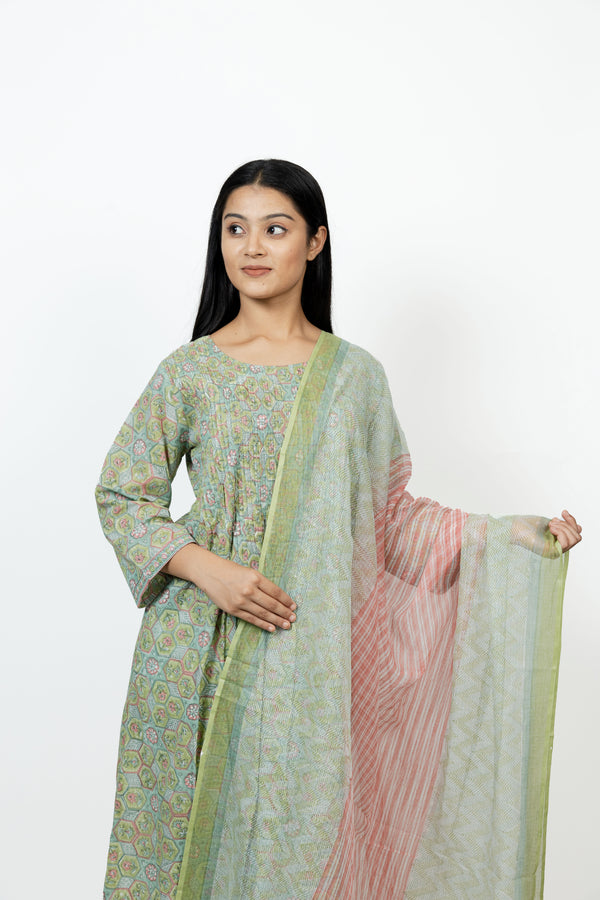 Cotton Kota Doria Hand Block Printed Dupatta - Green