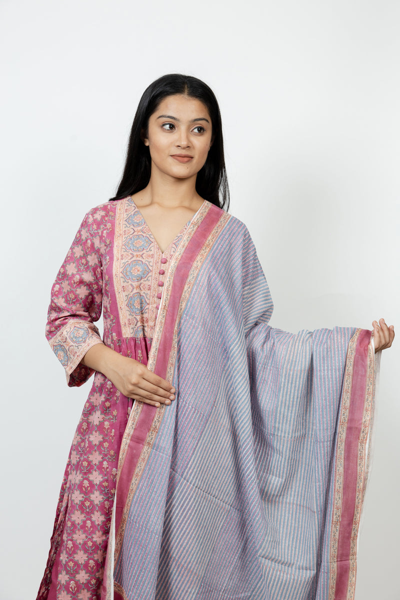 Cotton Hand Block Printed Dupatta - Pink