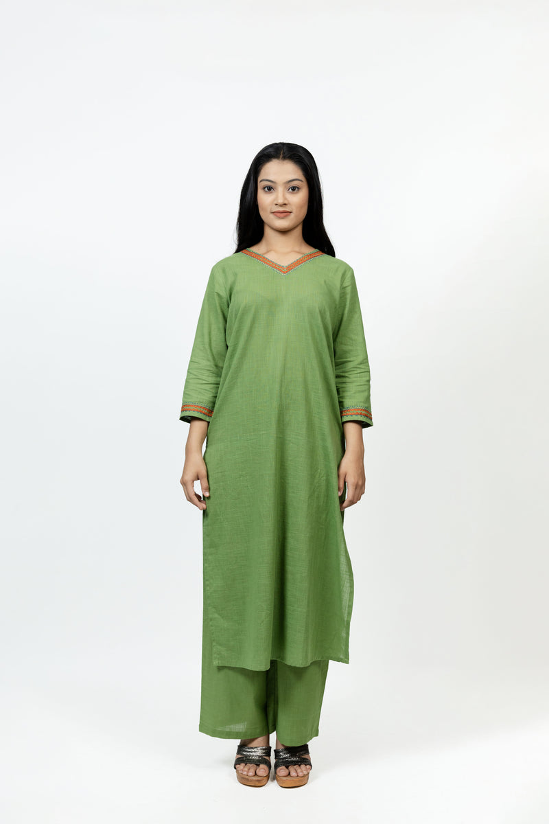 Cotton Hand Embroidery Kurta - Green