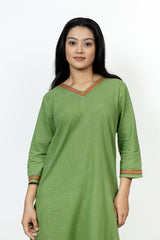 Cotton Hand Embroidery Kurta - Green