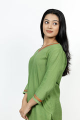 Cotton Hand Embroidery Kurta - Green