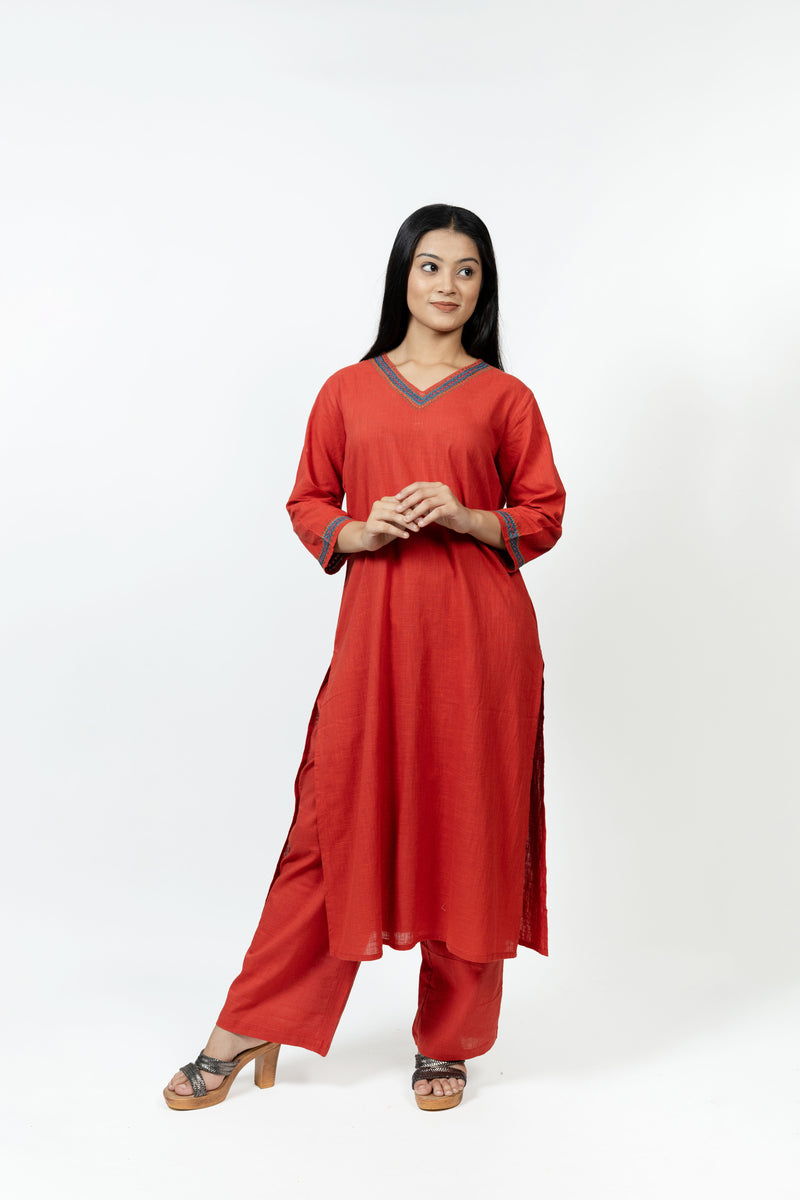 Cotton Hand Embroidery Kurta - Red