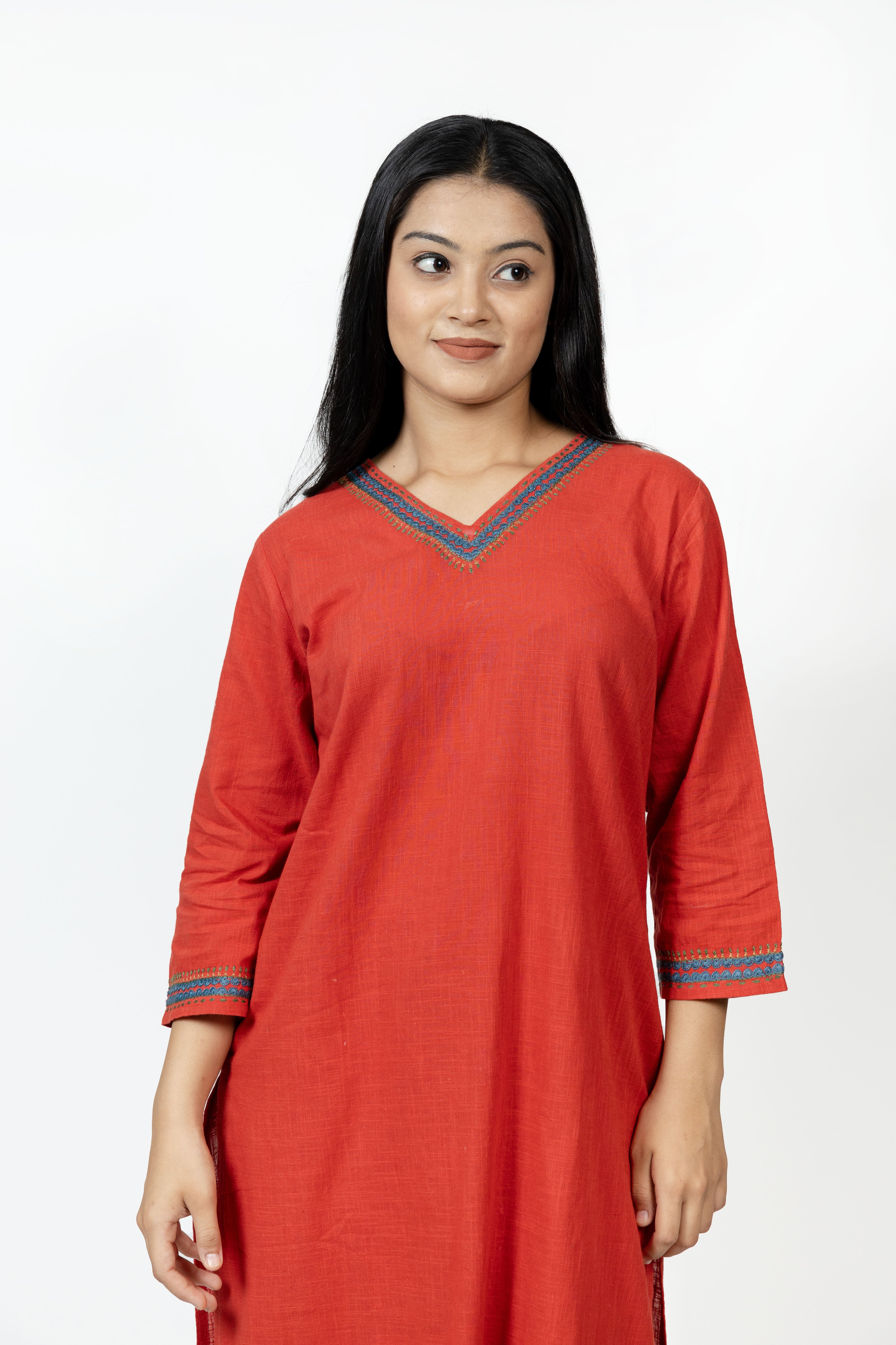 Cotton Hand Embroidery Kurta Red Bagh India
