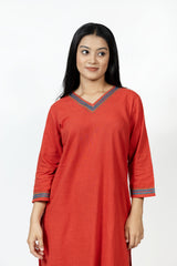 Cotton Hand Embroidery Kurta - Red