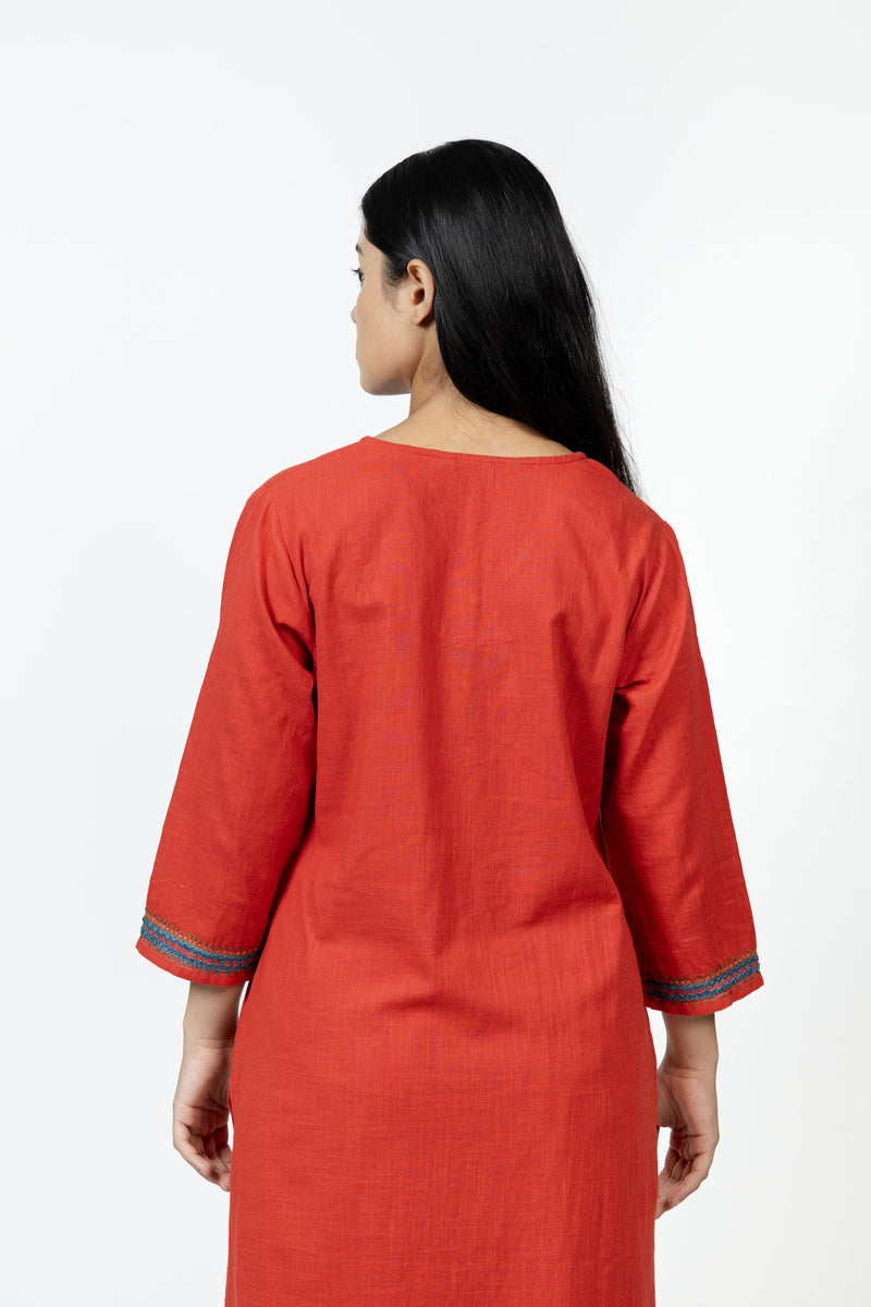 Cotton Hand Embroidery Kurta - Red