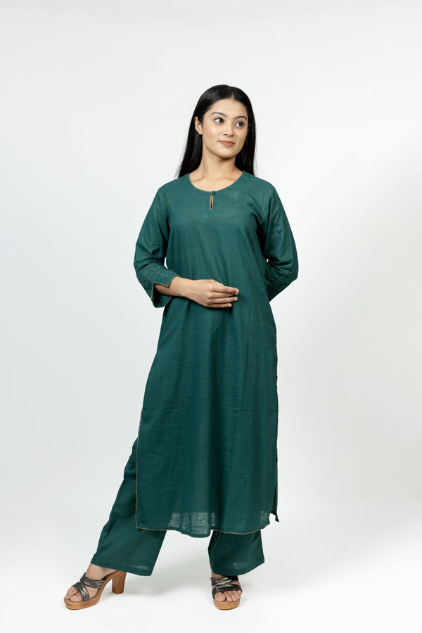 Cotton Hand Embroidered Kurta - Dark Green