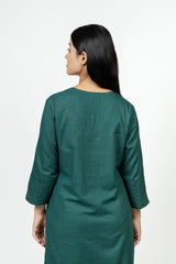 Cotton Hand Embroidered Kurta - Dark Green