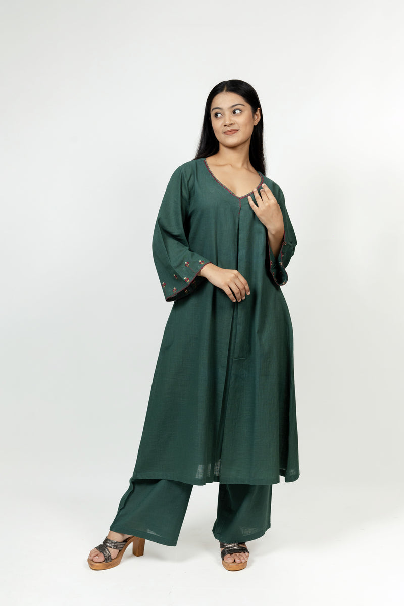 Cotton Hand Embroidery Kurta - Dark Green