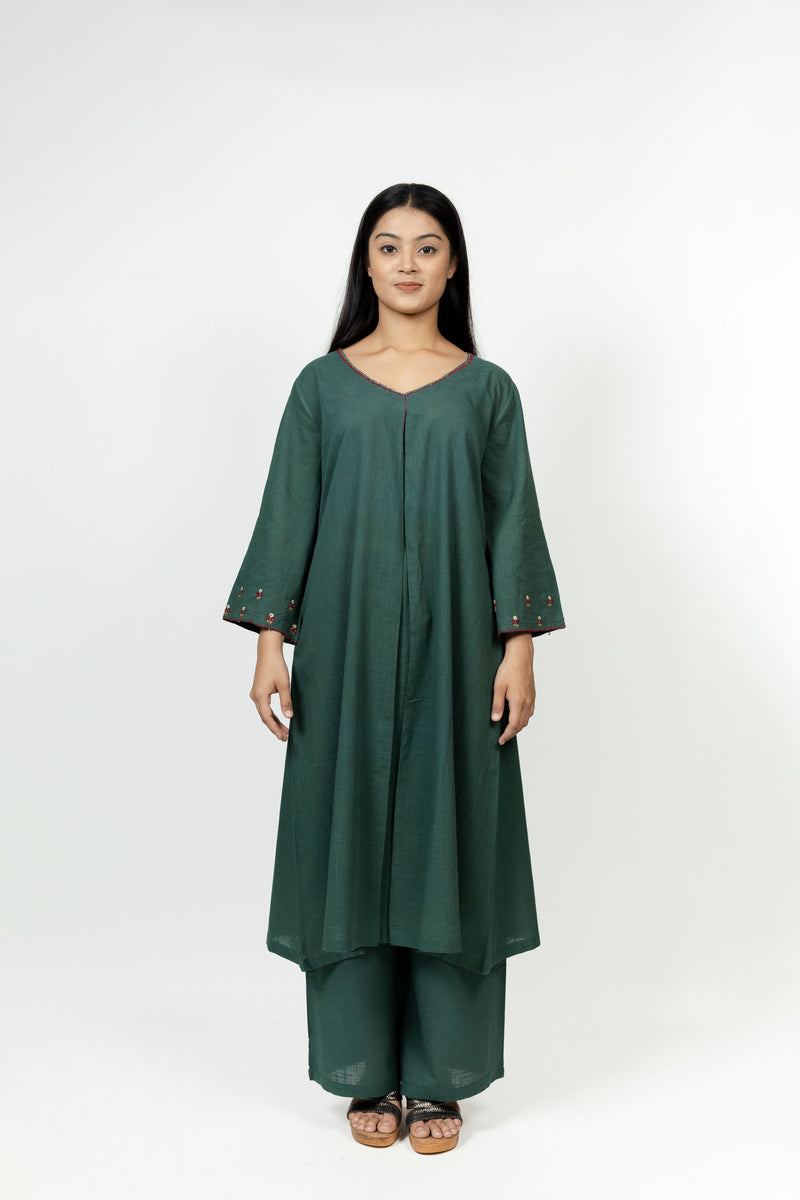 Cotton Hand Embroidery Kurta - Dark Green