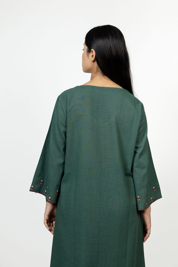 Cotton Hand Embroidery Kurta - Dark Green