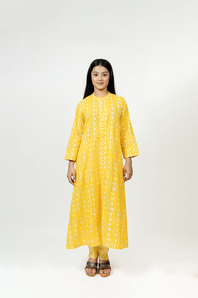 Cotton Hand Block Printed Kurta - Yellow