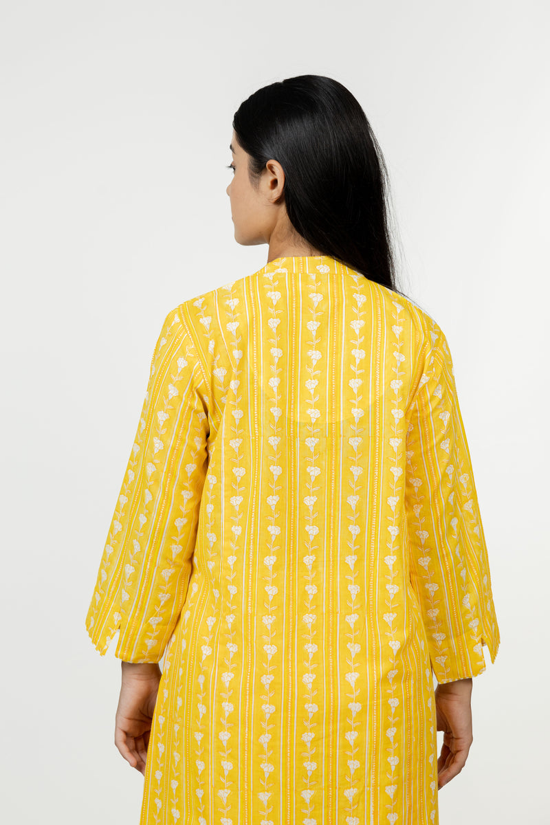 Cotton Hand Block Printed Kurta - Yellow