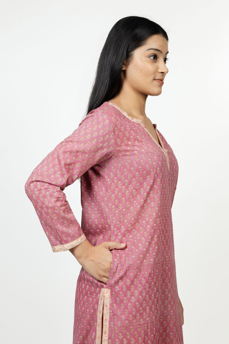 Cotton Hand Block Printed Kurta - Pink