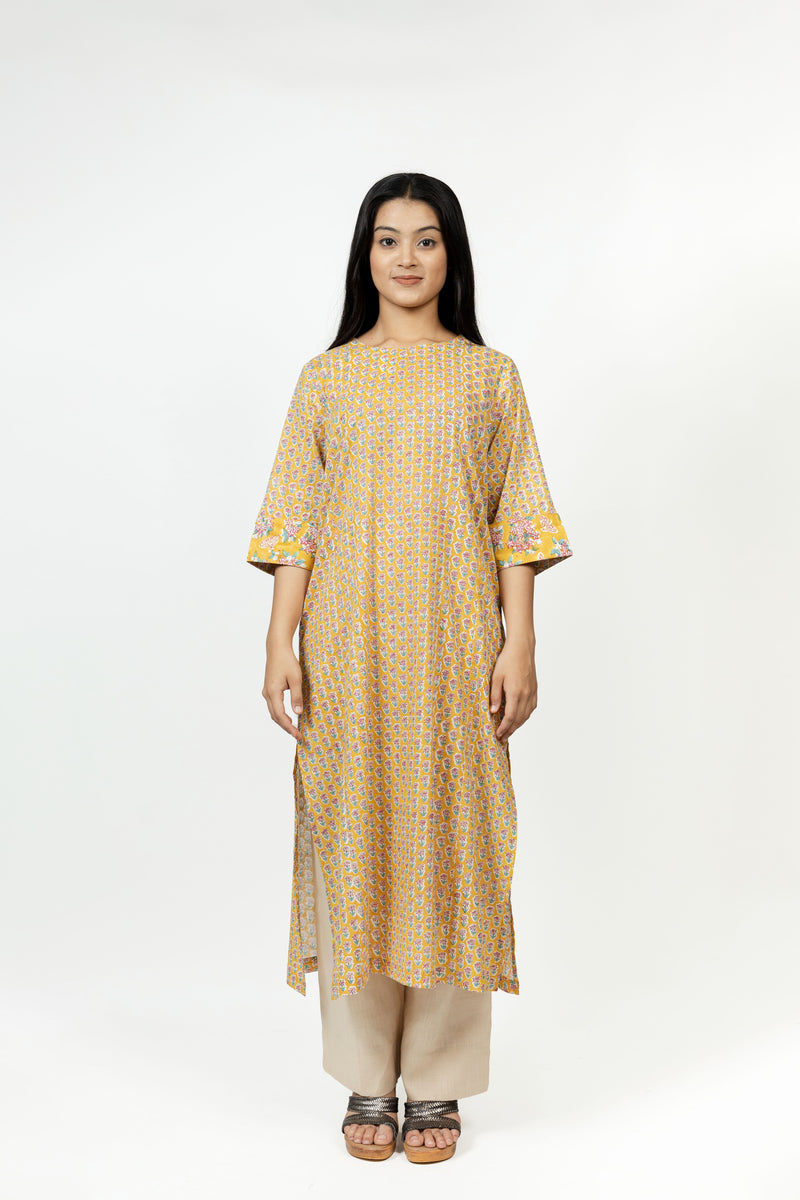 Cotton Hand Block Printed Kurta - Yellow