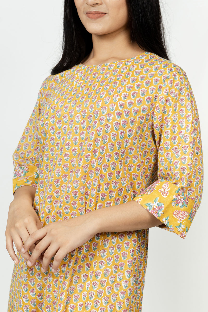 Cotton Hand Block Printed Kurta - Yellow