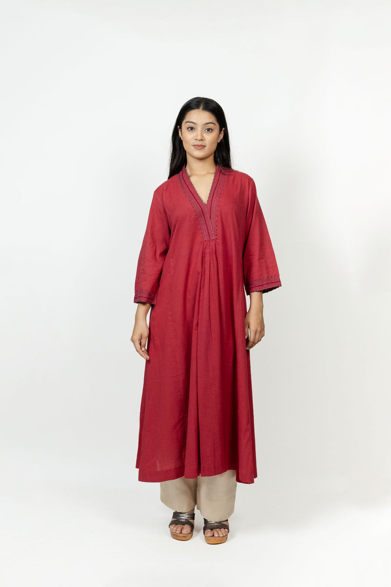 Cotton Hand Embroidery Kurta - Maroon