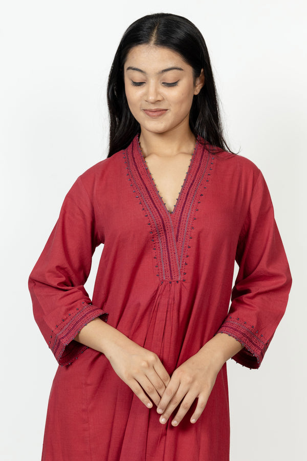 Cotton Hand Embroidery Kurta - Maroon