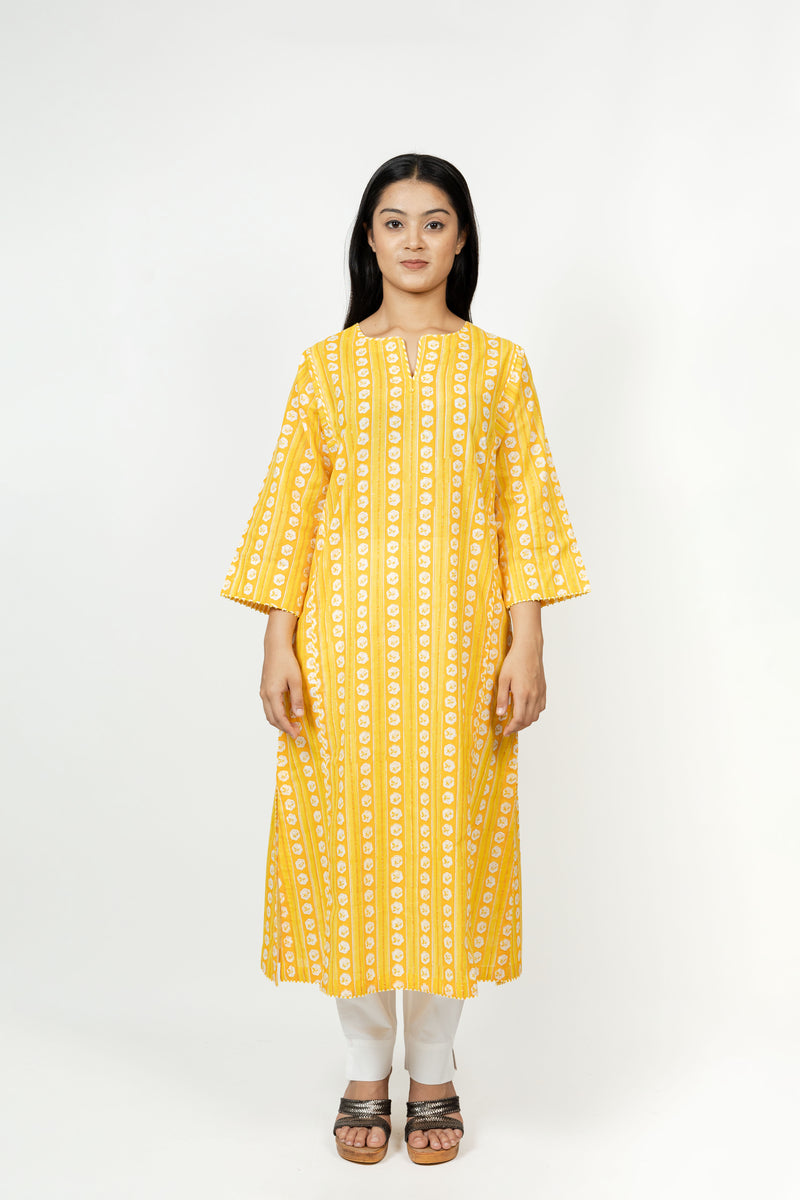 Cotton Hand Block Printed Kurta - Yellow