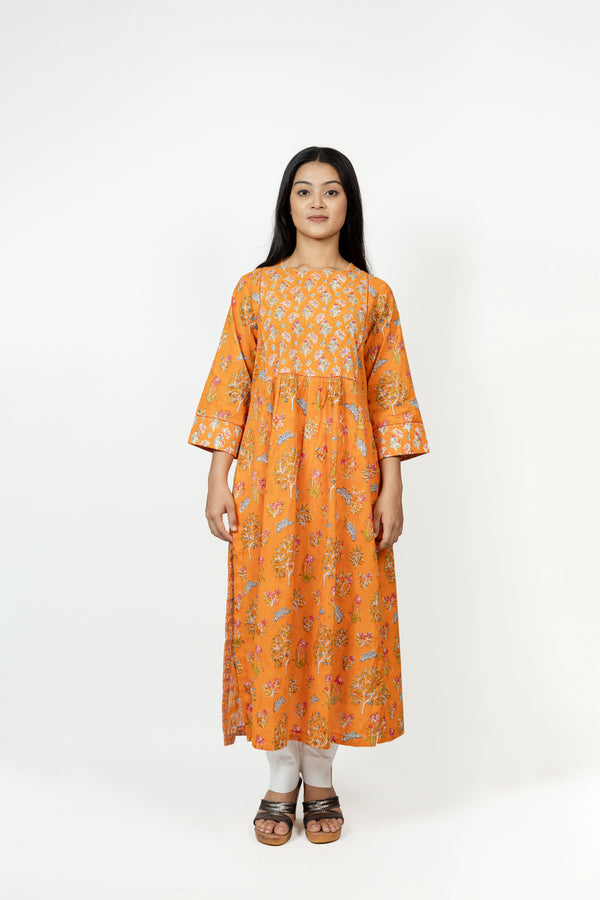 Cotton Hand Block Printed Kurta - Orange