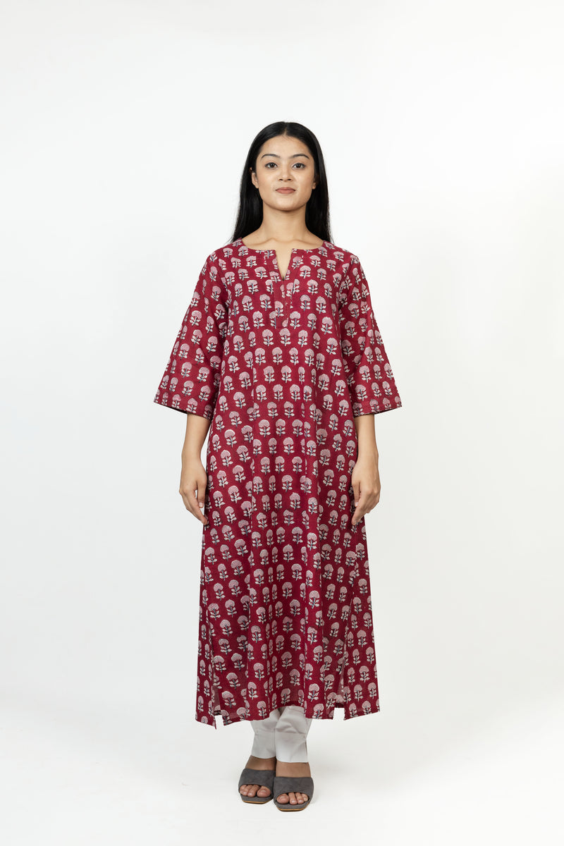 Cotton Hand Block Printed Kurta - Red