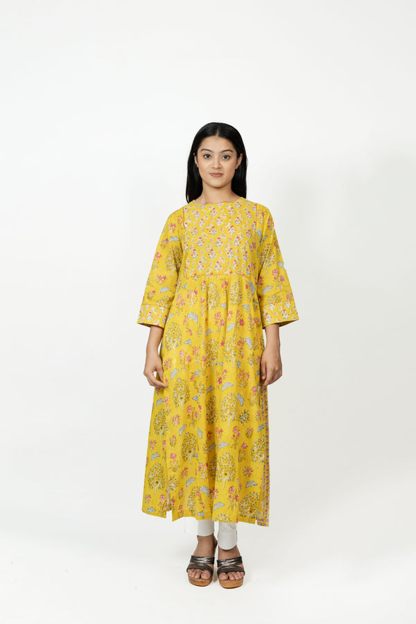 Cotton Hand Block Printed Kurta - Yellow