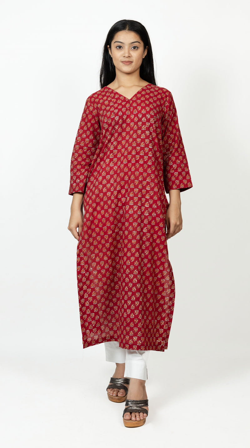 Cotton Hand Block Printed Kurta - Red