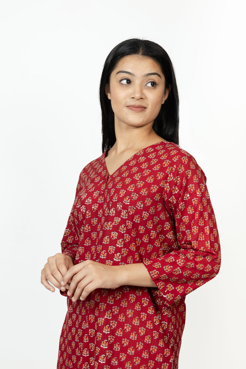 Cotton Hand Block Printed Kurta - Red