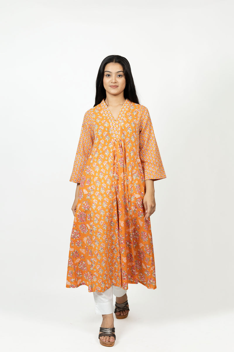 Cotton Hand Block Printed Kurta - Orange