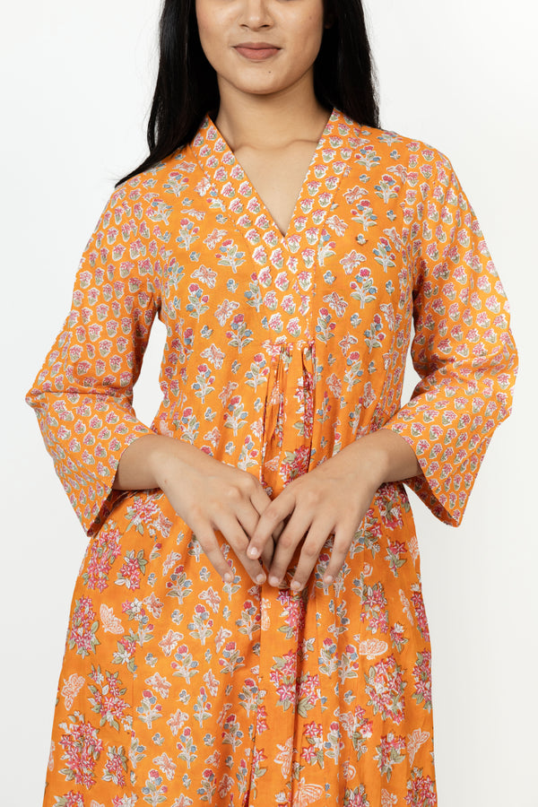 Cotton Hand Block Printed Kurta - Orange