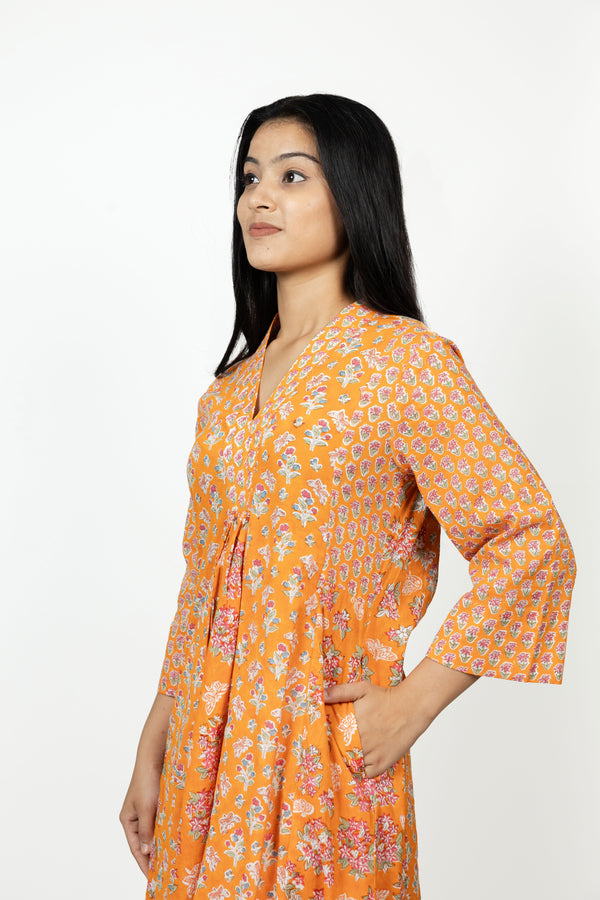 Cotton Hand Block Printed Kurta - Orange