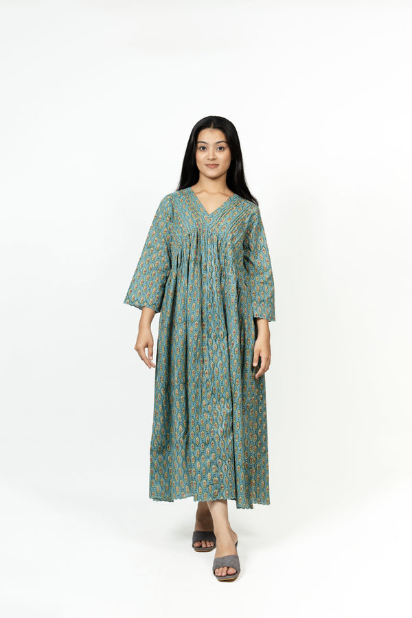 Cotton Hand Block Printed Dress - Green