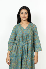 Cotton Hand Block Printed Dress - Green