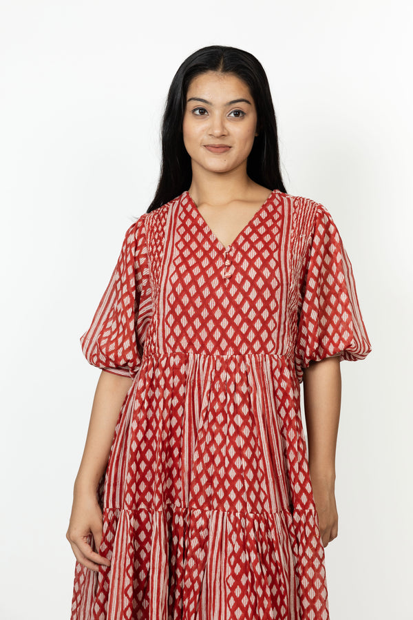 Cotton Hand Block Printed Dress - Red