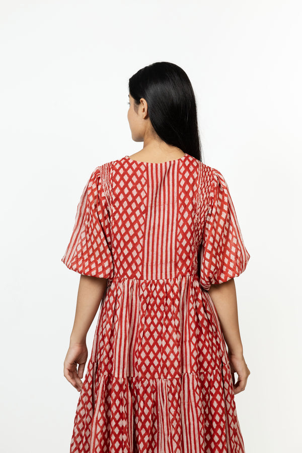 Cotton Hand Block Printed Dress - Red