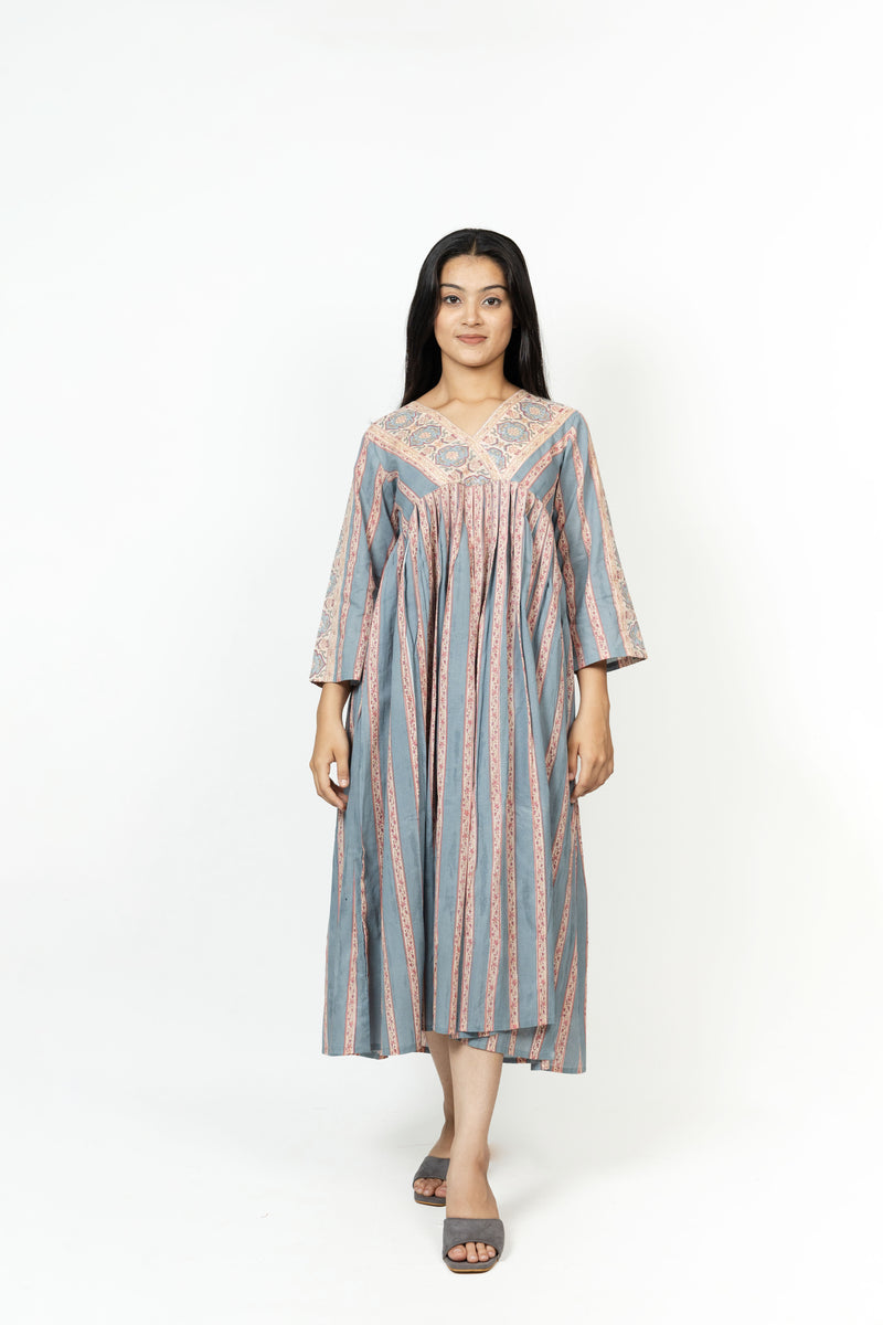 Cotton Hand Block Printed Dress - Grey