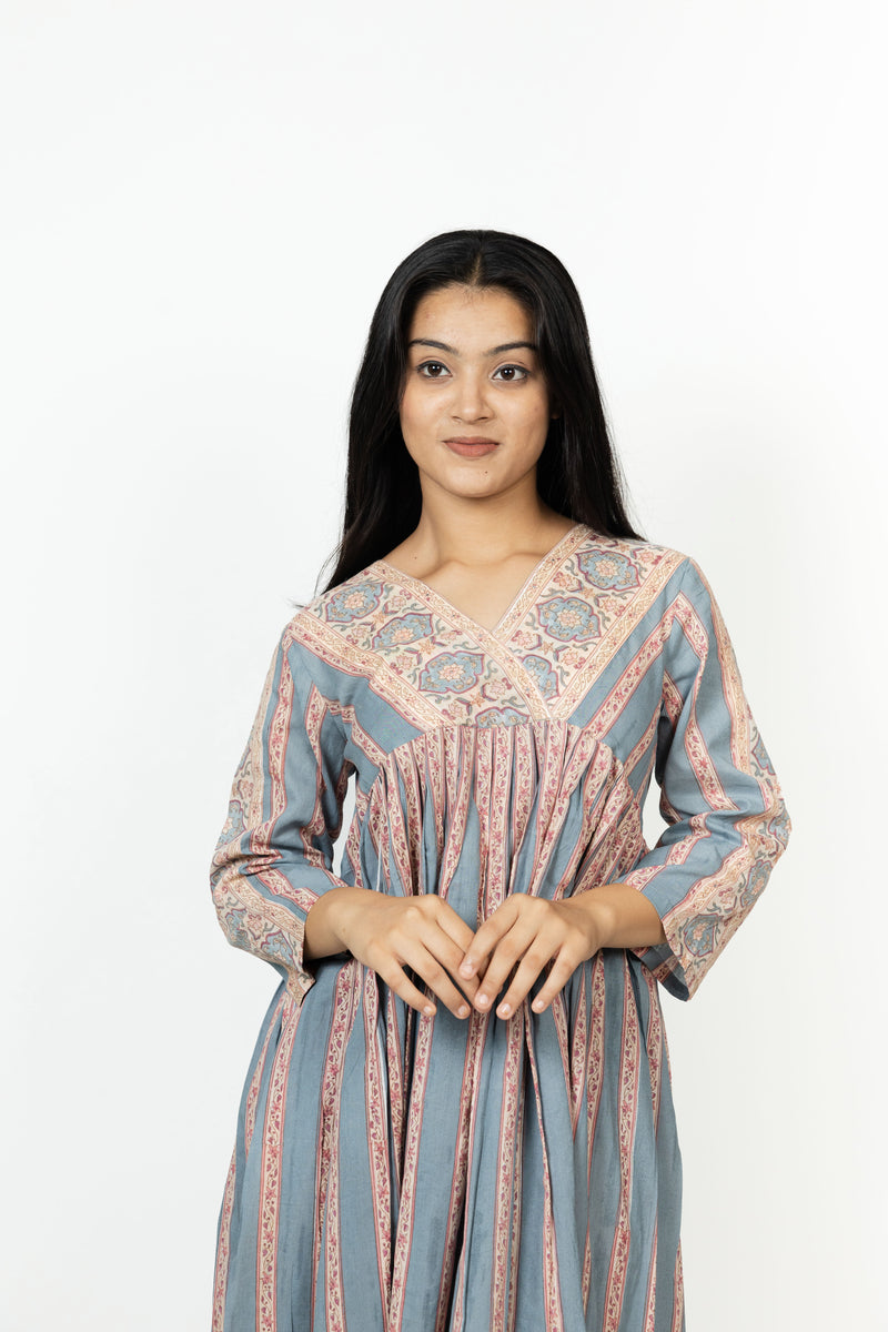 Cotton Hand Block Printed Dress - Grey