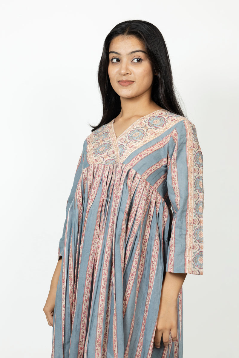 Cotton Hand Block Printed Dress - Grey