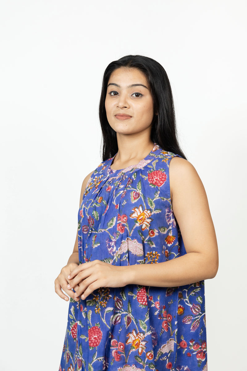 Cotton Hand Block Printed Dress - Blue