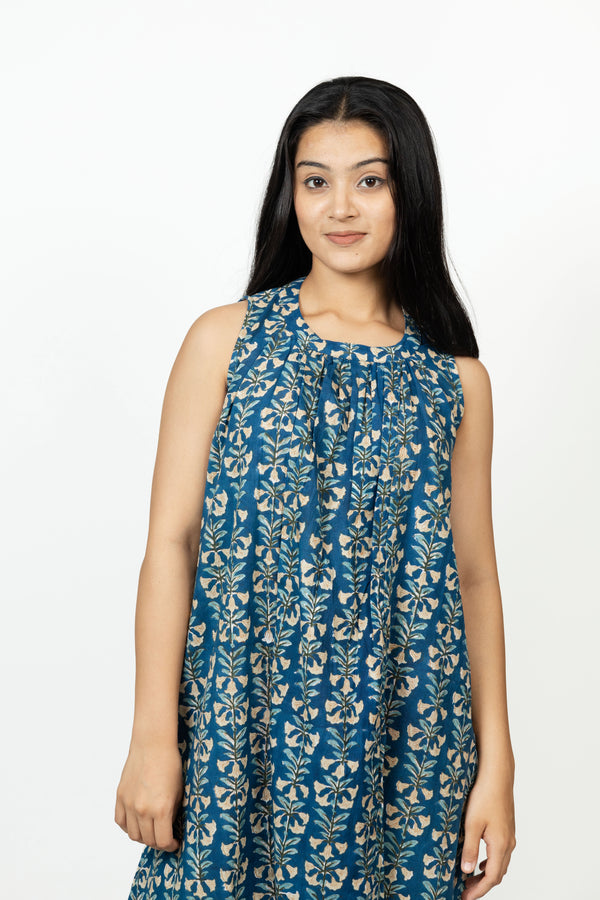 Cotton Hand Block Printed Dress - Blue