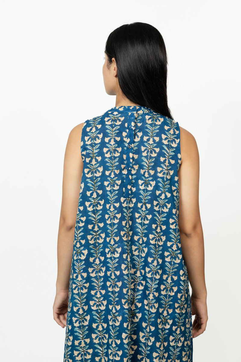 Cotton Hand Block Printed Dress - Blue