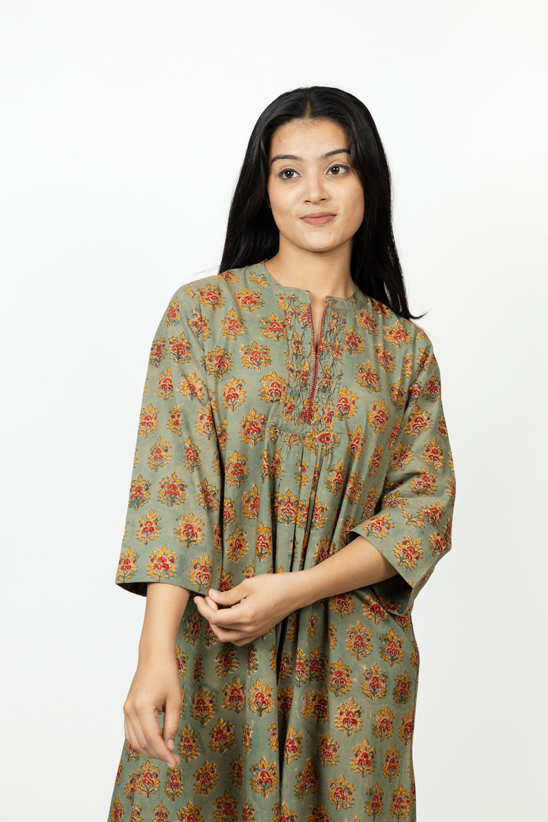 Cotton Hand Block Printed Dress - Green