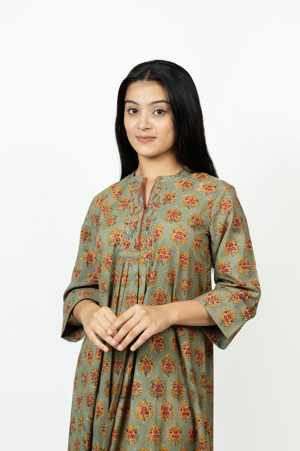 Cotton Hand Block Printed Dress - Green