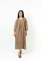 Cotton Hand Block Printed Dress - Brown